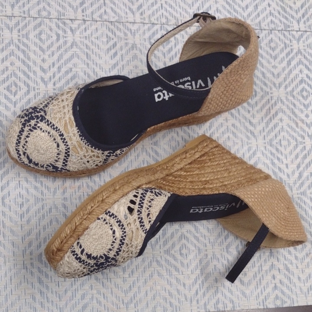 VISCATA Women's Espadrille Navy and Tan Bohemian, Beachy,Boho Hippie
